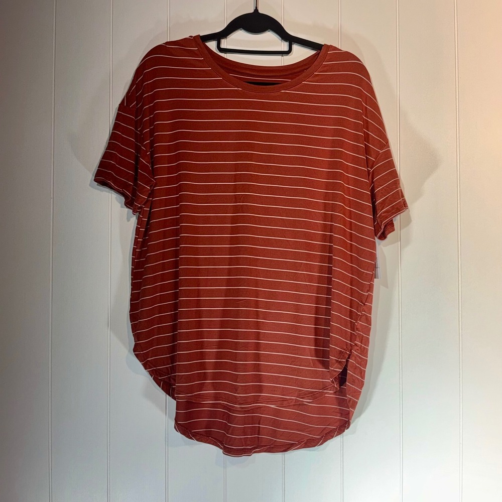 Time and Tru Womens Rusty Bronze Striped Crew Neck Tunic Tee L 12-14 NWT
